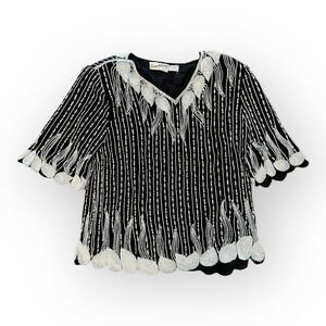 Temptations‎ Vintage Black and White Beaded Silk Top Size L